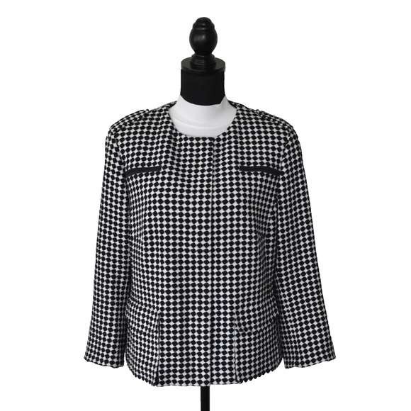 B8 Auth AKRIS PUNTO Nvy/Blk & White Tweed Zip & Snap Front Blazer Jacket Size 14 - Picture 1 of 10